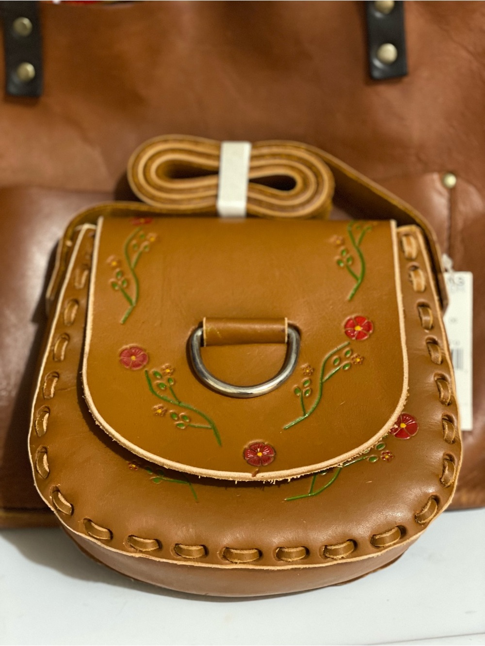 Hand-Painted Tan Leather Crossbody Bag with tooled Floral Detail